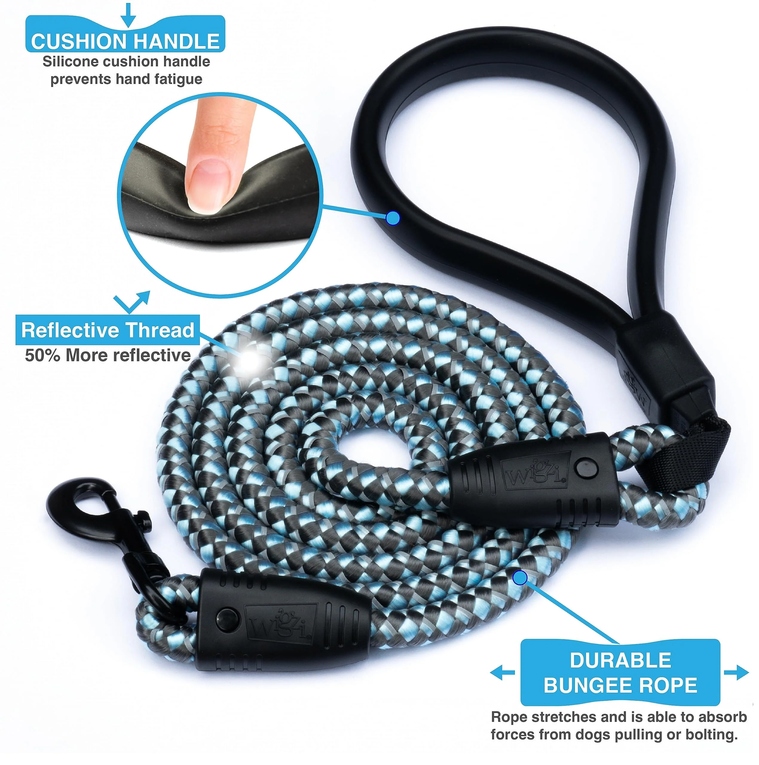 Wigzi Flex Walk Reflective Bungi Cable Dog Leash - Blue - 6 Feet - Image 2