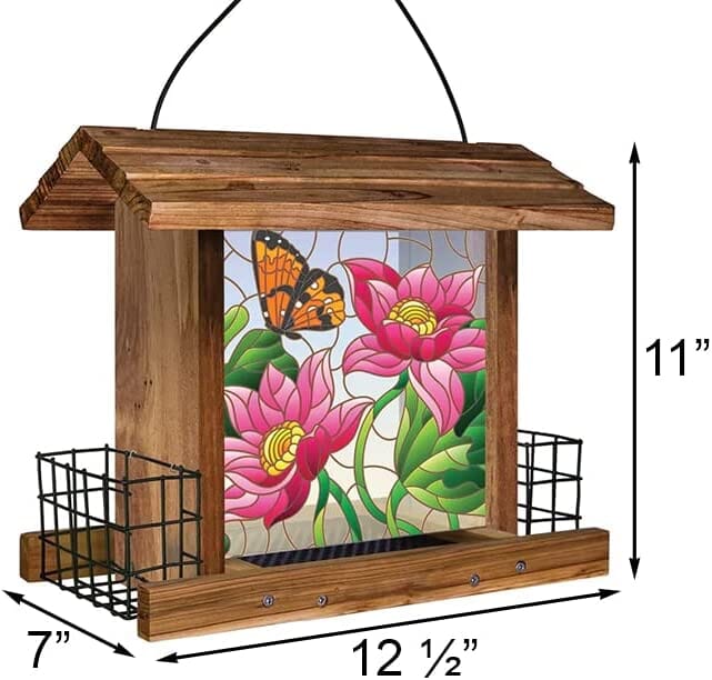 Wild Wings Stained Glass and Wooden Hopper Wild Bird Feeder Feeder with Suet Cages - Brown - 3.1 Qt Cap - Image 8